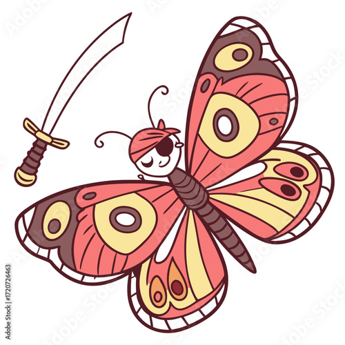 Vector art of a whimsical illustration of a butterfly pirate, , complete with an eye patch, a mischievous grin, and a gleaming sword, ready for a highseas adventure