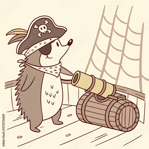 Vector art of a whimsical illustration of a hedgehog pirate standing on a ship deck, complete with a pirate hat, eye patch, and bandana, next to a cannon, evoking a sense of adventure and fun
