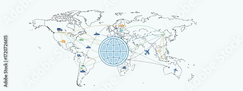 World map illustration with globe, connecting lines, and transportation icons symbolizing global network.