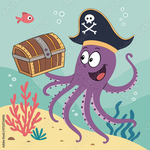 Vector art of a whimsical underwater scene featuring a cheerful purple octopus pirate with a treasure chest, coral, and a red fish, creating a playful and adventurous cartoon illustration