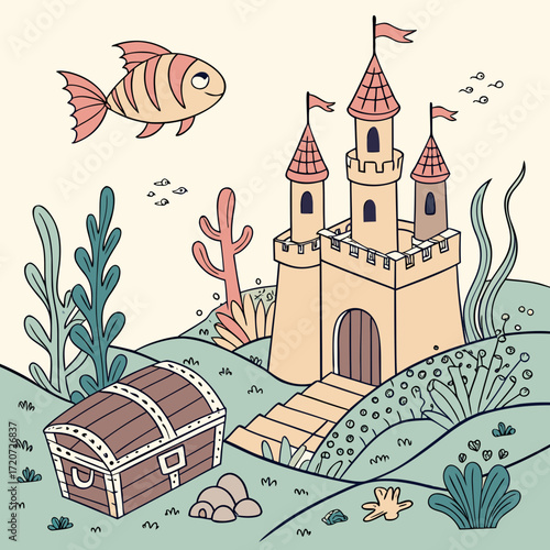 Vector art of a whimsical underwater scene features a charming castle, a treasure chest, and a friendly fish, creating a magical and enchanting world beneath the sea