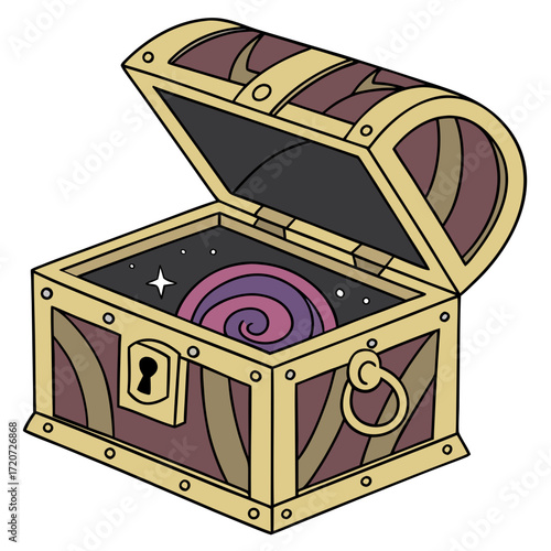 Vector art of an enchanting illustration presents an open treasure chest, unveiling a swirling galaxy within, hinting at the boundless mysteries and treasures hidden within this magical box