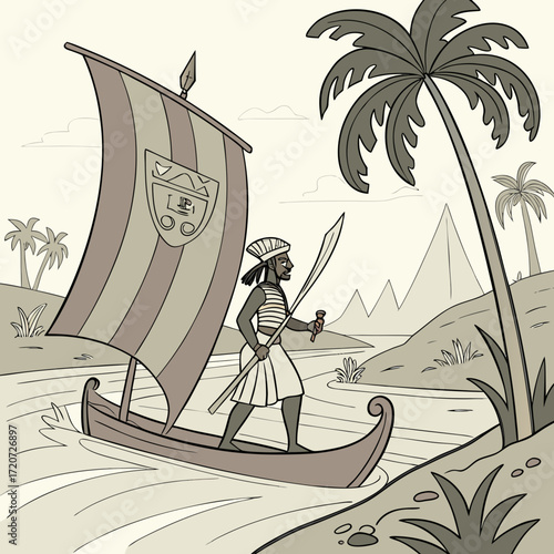 Vector art of an egyptian man sails a traditional boat along a river, with palm trees and mountains in the background, evoking a sense of adventure and historical travel