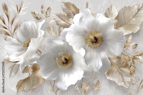 A delicate arrangement of large, textured white flowers, accented by intricate golden leaves and stems, creates a sophisticated and elegant design.