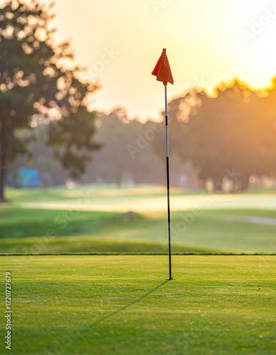 Golf hole flag at sunrise over a fairway
