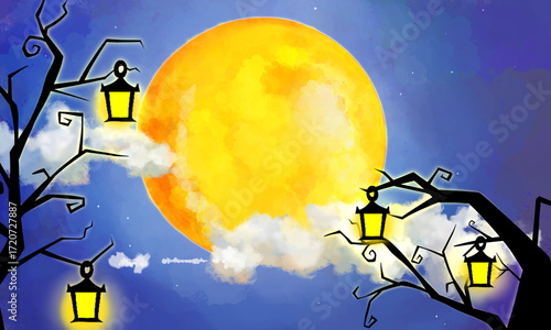 halloween night background★ダークファンタジーな夜空の風景背景