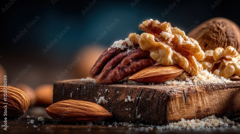 Fototapeta premium Close-Up of Assorted Nuts on Wooden Board with Salt Garnish