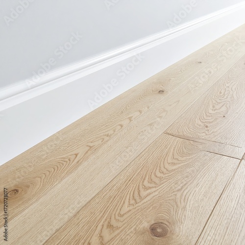 Light-colored wooden floor meets white baseboard