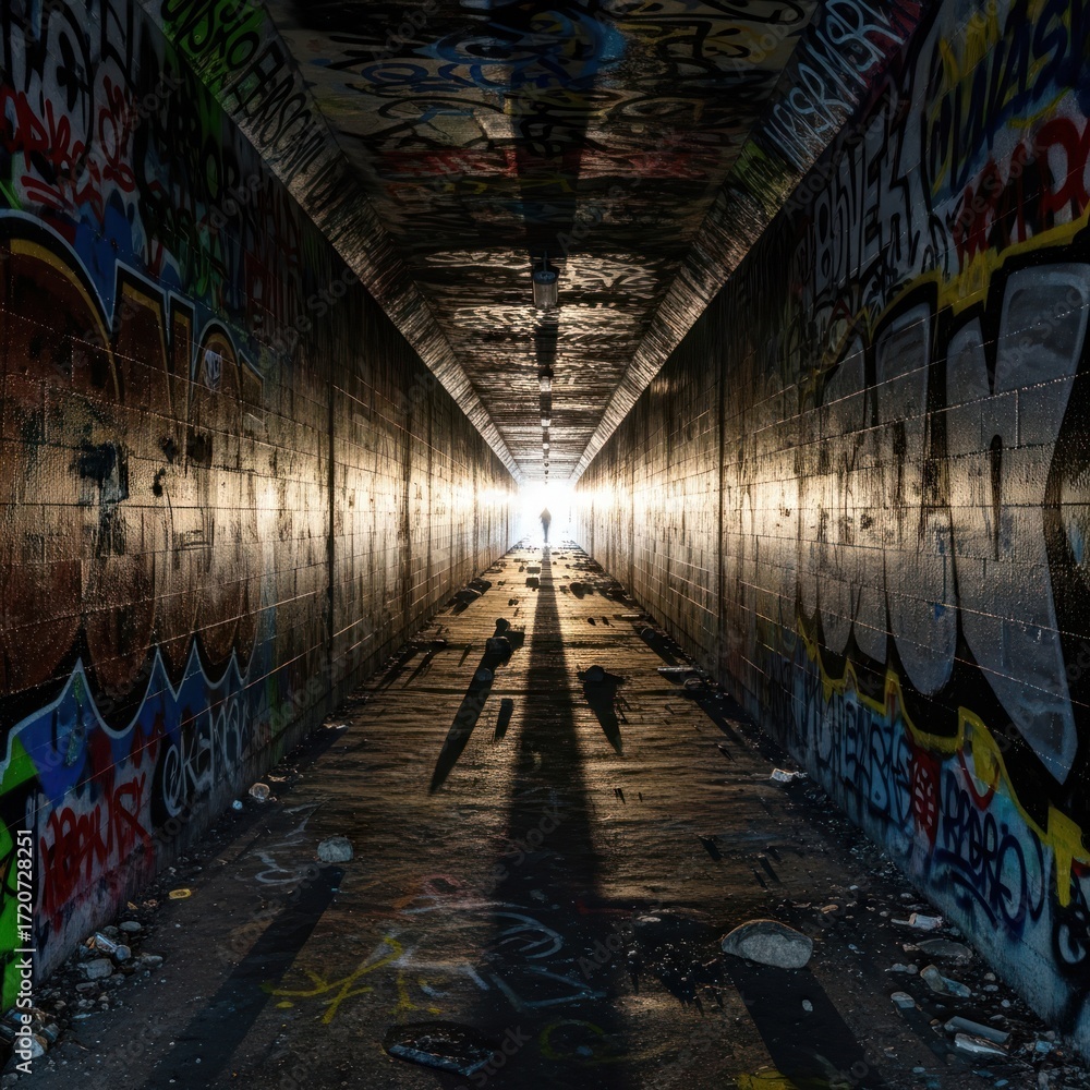 Fototapeta premium Solitary Figure Walking Towards Bright Light at End of Gritty, Graffiti-Covered Urban Tunnel with Dramatic Shadows and Reflective Wet Surfaces