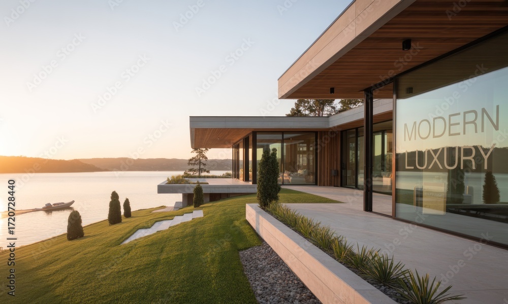 Fototapeta premium Modern luxury home overlooking a serene lake at sunset
