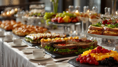 A well-arranged buffet table at an office event, showcasing an assortment of food and beverages for guests