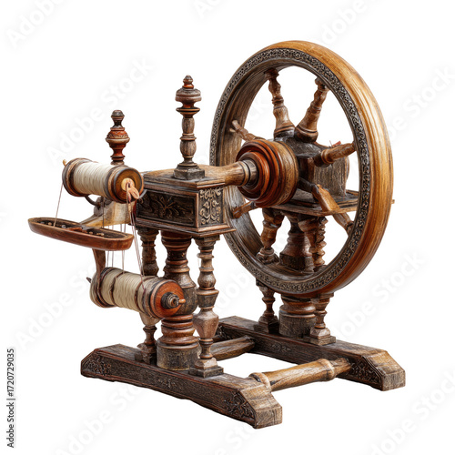 Ornate antique wooden spinning wheel