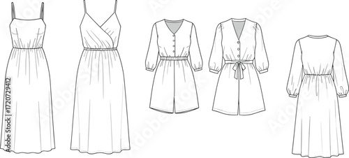 Women dress design, sleeveless and long sleeve styles, fashion garment sketch, stylish clothing template, CAD drawing flat vector illustration for apparel