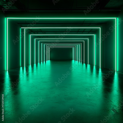Wallpaper Mural Green neon illuminated futuristic interior room with glowing LED light walls and reflective floor for modern sci fi digital art and virtual 3D background concepts Torontodigital.ca