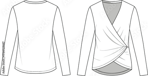 Women blouse design, long sleeve wrap top, stylish fashion apparel template, ladies garment vector sketch, CAD drawing flat vector illustration
