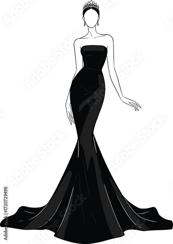 Elegant woman in evening gown, fashion illustration, long black dress design, couture style vector, beauty silhouette artwork, glamorous clothing sketch, luxury outfit inspiration