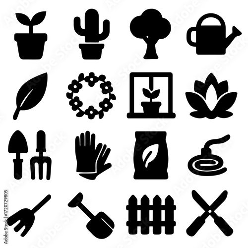 Garden Icons: A collection of gardening icons meticulously designed to embody the essence of nature, showcasing plants, tools, and the joy of tending to a flourishing garden.