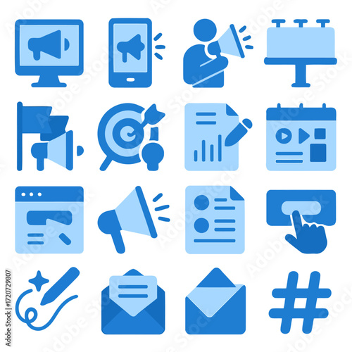 Marketing Icon Set: A comprehensive, cohesive collection of marketing icons, perfectly suited for advertising materials.