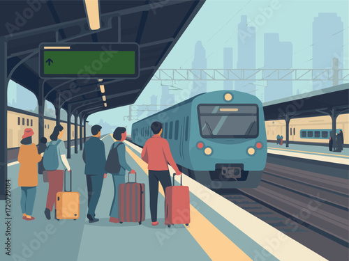 Illustration of train station platform with passengers waiting for train travel and transport design vector