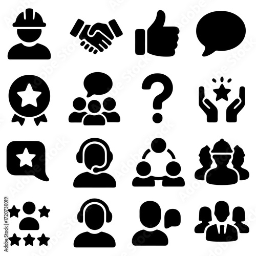 Vector Icons Set of Business Concepts: A comprehensive collection of minimalist vector icons, elegantly representing various business concepts, including teamwork, support, and positive feedback.