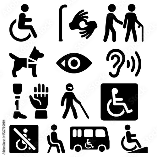 Accessible Icons: a series of sleek, modern icons convey a message of inclusivity and consideration, highlighting various forms of disability support and accessibility.