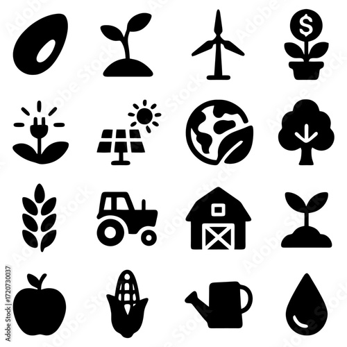 Eco-Friendly Icon Collection: This dynamic collection of ecological symbols represents seeds of growth to promote green living and environmental awareness in a minimalist approach.