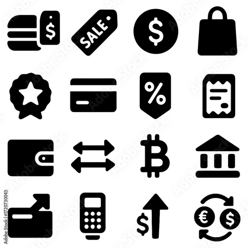 Commerce and Finance: A collection of diverse icons symbolizing various facets of the modern economy, including shopping, sale, currency, and finance, represented with crisp, clean silhouettes.
