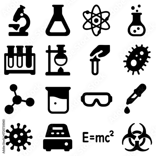 Scientific Icons: A collection of neatly arranged, monochrome icons represents the diverse facets of science, encompassing laboratory equipment, fundamental particles.