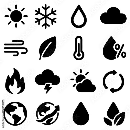 Weather Icon Collection: A visually appealing array of stylized weather icons elegantly illustrates a variety of climatic conditions and environmental elements.