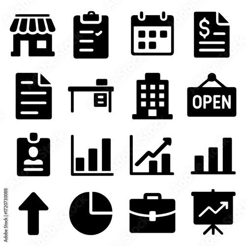 Business Icon Set: A compilation of illustrative icons, meticulously rendered in a monochromatic palette. Depicting aspects of commerce and operations