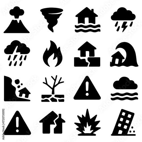 Symbolic Hazards: A collection of minimalistic icons of natural disasters and hazards, each representing a potential threat or emergency.