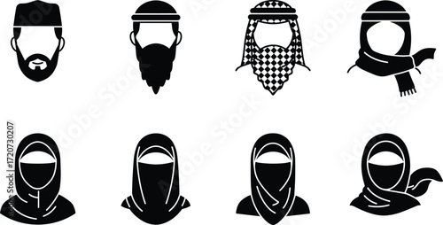 Traditional Arab men and women vector icons, Islamic cultural clothing illustration, Middle Eastern people avatar set, Muslim fashion design, hijab keffiyeh artwork