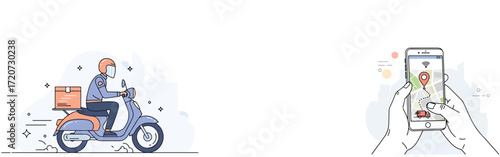 Delivery person on scooter using a mobile map application for navigation.