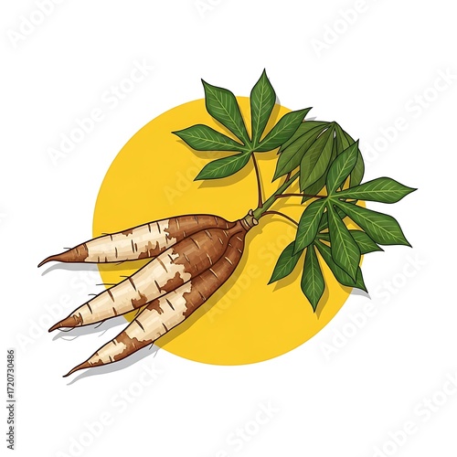 Fresh cassava roots with vibrant green leaves, perfect for illustrating healthy eating or food concepts