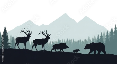 Wildlife silhouettes in a mountain forest landscape with elk, wild boars, and a bear, rendered in serene monochromatic tones.