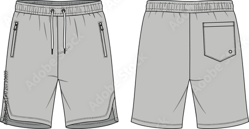 Men's athletic shorts CAD drawing, flat vector technical sketch, sportswear design illustration, apparel template for fashion design, vector shorts