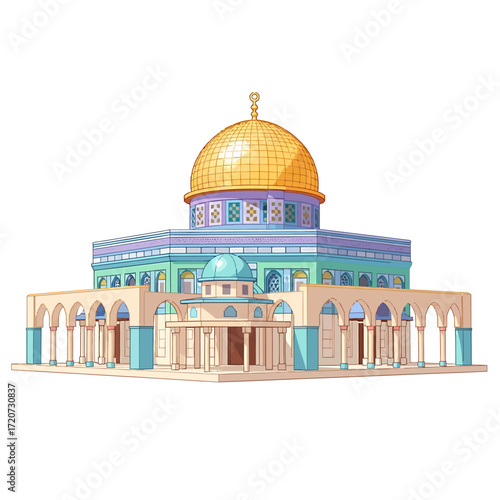 The Dome of the Rock, a stunning Islamic architectural masterpiece in Jerusalem with its iconic golden dome and intricate mosaic detailing