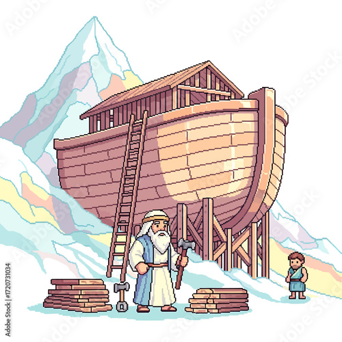 A classic tale depicted in retro pixel art style, showing a wise man and a child building a large wooden vessel on a snowy mountain