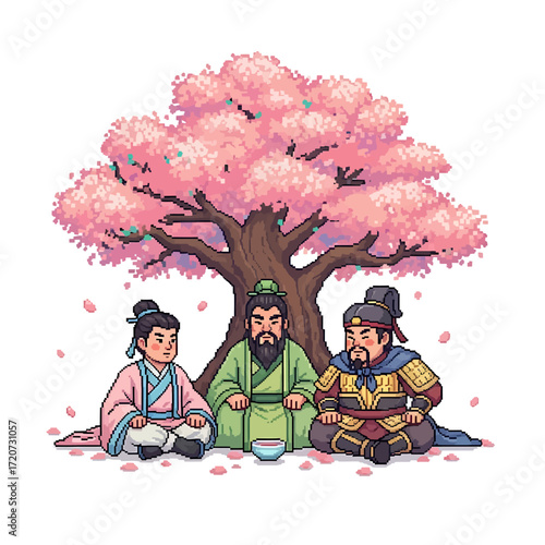Three ancient Chinese warriors making a pact of brotherhood while sitting together under a beautiful pink blossoming tree illustration