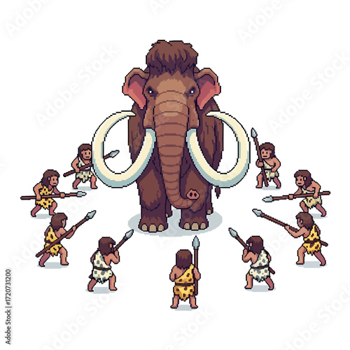 Cavemen Hunting Mammoth Pixel Art Prehistoric Scene