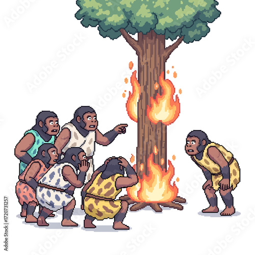Pixel art illustration of primitive cavemen discovering fire for the first time, a pivotal moment of early human evolution