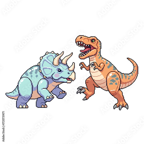Adorable T-Rex and Triceratops dinosaur characters locked in a playful prehistoric confrontation. Cute vector art for children's stories or mascots