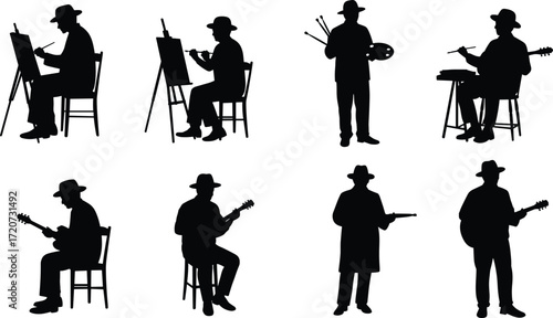 Silhouette, artist, painter, musician, guitar, drum, easel, canvas, palette, creative, art, music, performance, hat, style, design, talent, culture, hobby, expression