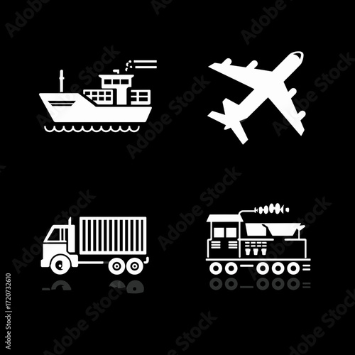 This image features a set of clean and simple white vector icons representing different modes of transport and logistics: a cargo ship, an airplane, a container truck, and a waste management truck. Th