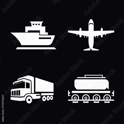 This image features a set of clean and simple white vector icons representing different modes of transport and logistics: a cargo ship, an airplane, a container truck, and a waste management truck. Th
