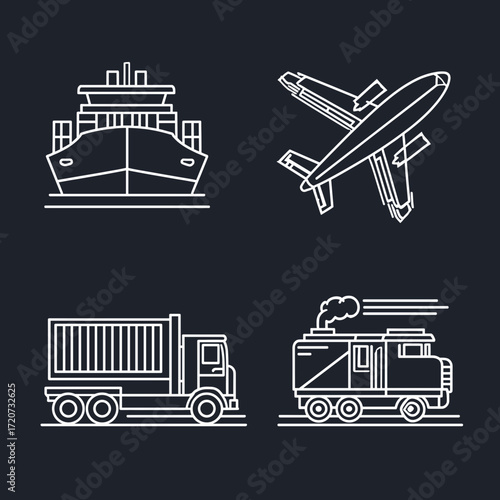 This image features a set of clean and simple white vector icons representing different modes of transport and logistics: a cargo ship, an airplane, a container truck, and a waste management truck. Th