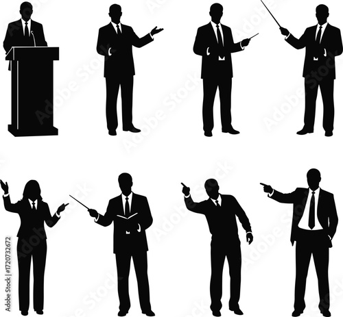 Silhouette, business, presentation, speaker, podium, pointer, gesture, corporate, meeting, lecture, training, seminar, communication, leadership, teamwork, strategy