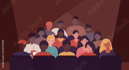 This flat design vector illustrates a diverse audience captivated by a film screening, emphasizing the shared experience of cinema.