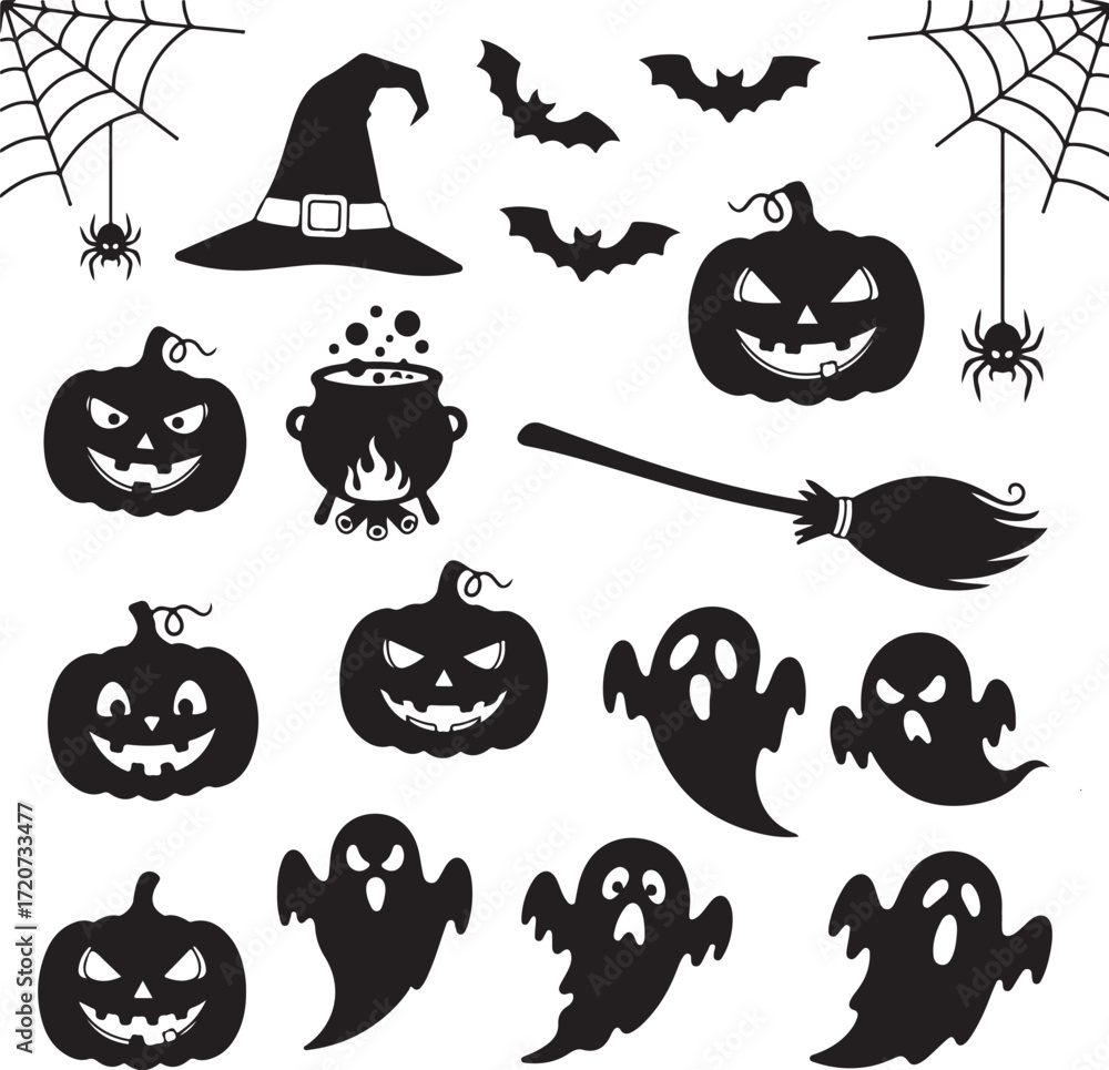 Obraz premium Spooky Silhouette: An array of silhouettes in a spooky and festive themed set. Featuring pumpkin, hat and more. perfect for adding a touch of eerie charm to projects