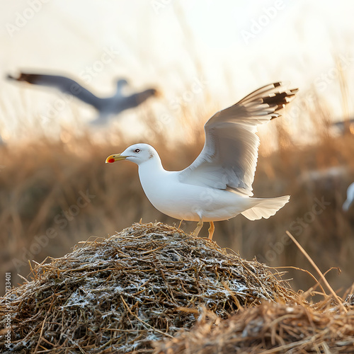 Wallpaper Mural Pair of seagulls interacting at coastal nest with wings open and ocean waves in soft golden evening light perfect for marine bird behavior and wildlife photography Torontodigital.ca